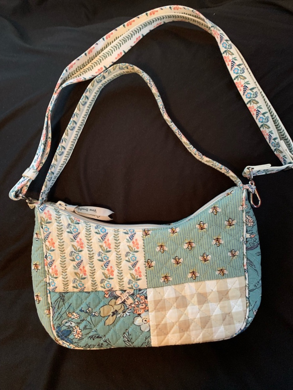 Vera Bradley Patchwork Crossbody shoulder bag Frannie Crescent sage plaid bees